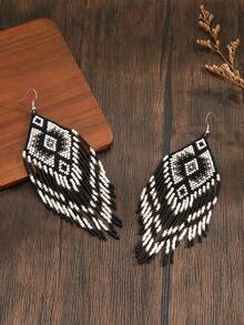 Handmade Beaded Earrings, Bohemian & Vintage Jewelry, Suitable For Women & Girls, Holiday & Everyday Wear, Great Gift Choice - Black and White - View 2