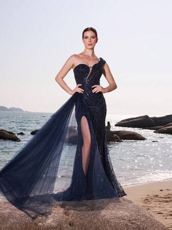 DELLA COUTURE 女士露肩重磅宴会派对海军蓝晚礼服奢华串珠修身鱼尾礼服高贵气质优雅性感开衩长裙精致时尚女士夏季红毯礼服适合派对、晚宴、婚礼等正式场合，长款鸡尾酒礼服舞会宾客礼服