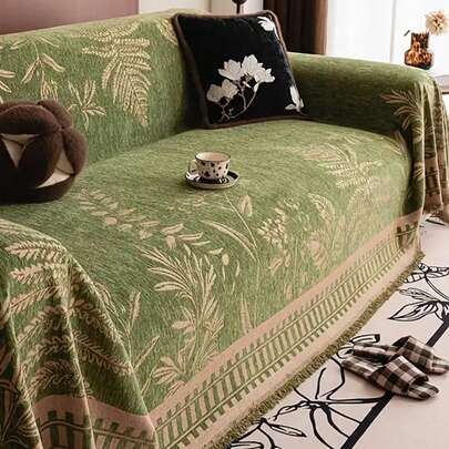 1pc Chenille Sofa Blanket, Bohemian Style Leaf Pattern, Soft & Cozy, Pet-Friendly, Machine Washable, 100% Polyester, With Sofa Protector Cover, Suitable For Bedroom, Living Room, Home Decor, Sofa Cover, Living Room Decor, Room Decor