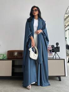 Kiểu dáng Abaya dài tay cánh dơi rộng rãi, màu trơn, kết hợp với khăn trùm đầu Hijab, Kaftan kín đáo cho dịp Eid mùa xuân. - Màu xanh hải quân - Xem 3