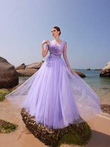 DELLA COUTURE Women Summer Elegant Light Purple Mesh Strapless Evening Gowns Handmade Beaded Exquisite Fashion Asymmetrical Neck Single Sleeve Slim Dress,Gorgeous Floor Length Dresses For Banquet, Dinner, Wedding And Other Formal Occasions Prom Guest Dress, Long Cocktail Gown, Party Dress - Mauve Purple - View 2