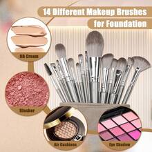 Brochas de Maquillaje, Set de 14 Brochas Profesionales, Set de Brochas para Ojos y Rostro, Brochas para Base, Brochas para Sombras de Ojos, Brochas Cosméticas, con Bolsa de PU, Grisáceo - Gris Claro - Ver 11