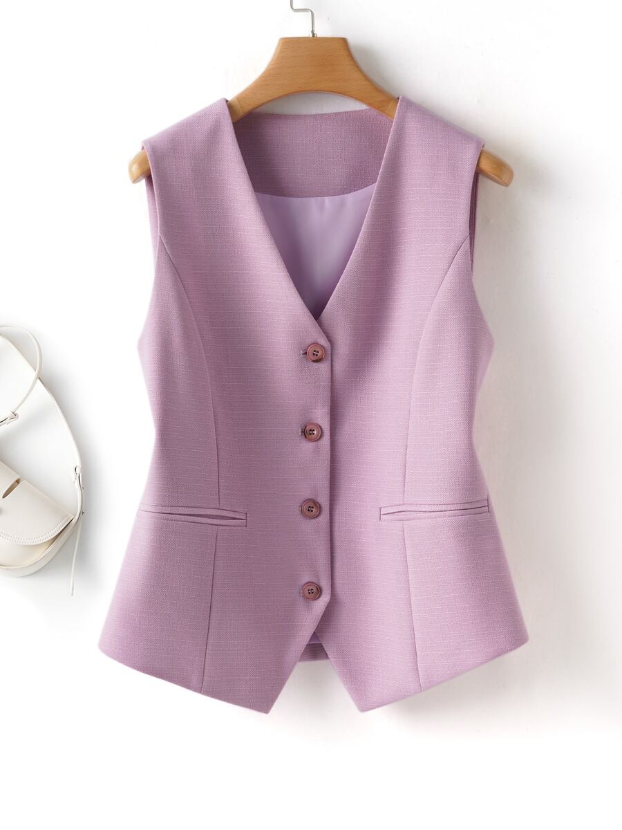 Women's Solid Color V-Neck Jacket, Fashion Commuter Outerwear, Spring/Autumn - Mauve Purple - View 1