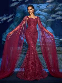 Faeriesty 高级魅力优雅华丽的串珠亮片晚礼服，珍珠点缀披肩袖 - 美人鱼轮廓和落地拖裙，适合红毯活动、豪华婚礼、晚宴和艺术画廊开幕式 - 酒紅色 - 查看 8