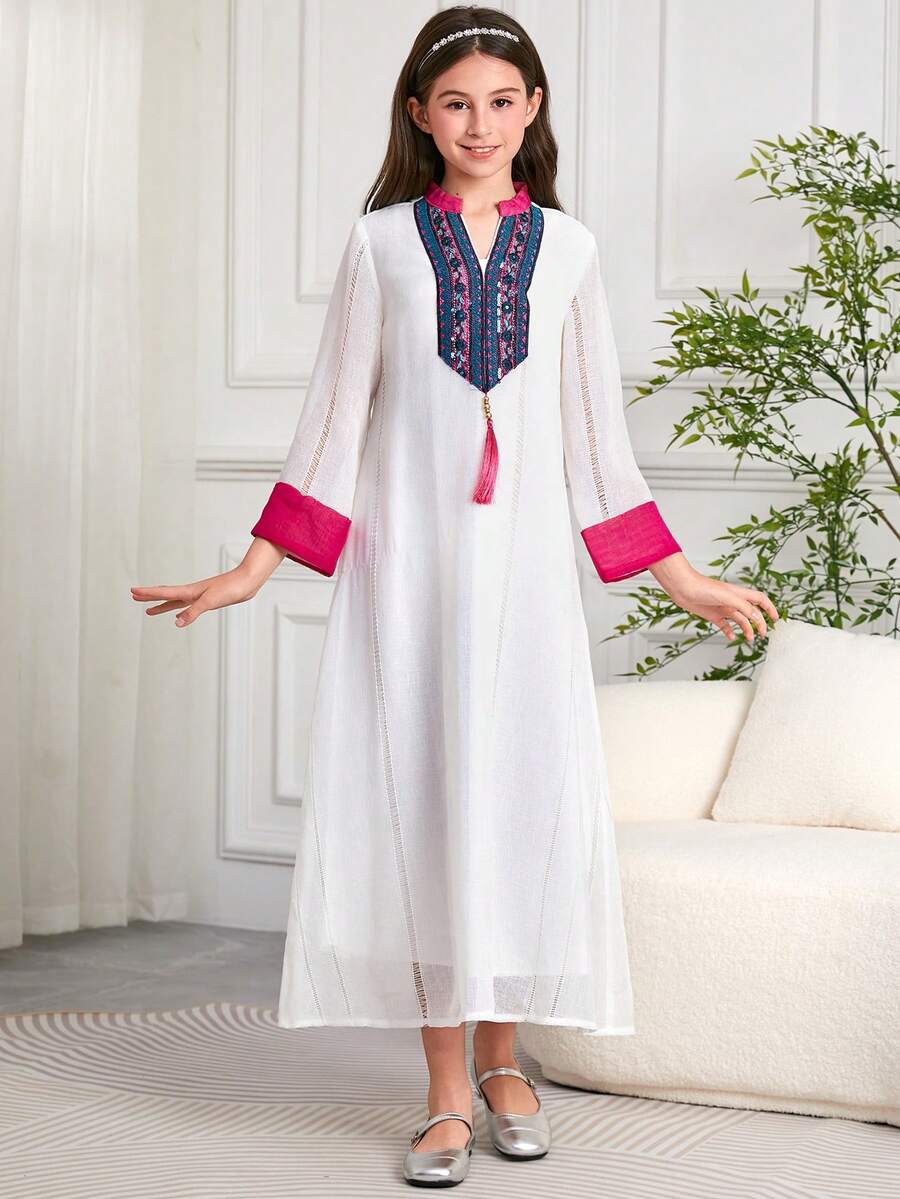 Tween Girl Southeast Asian Embellished Robe, Suitable For Dubai Travel & Long Pleated Robe - White - View 1