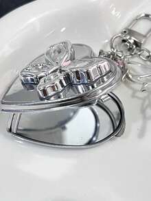 Heart-Shaped Bow Decor Mirror Keychain, Vintage Y2K Cute Versatile Bag Charm, Bag Accessory Keychain, Small Gift For Women On Birthday, Valentine's Day, Mother's Day, Couple Bag Decor, Suitable For Teenage Girls, Women, College Students, Beginners - Silver - View 8