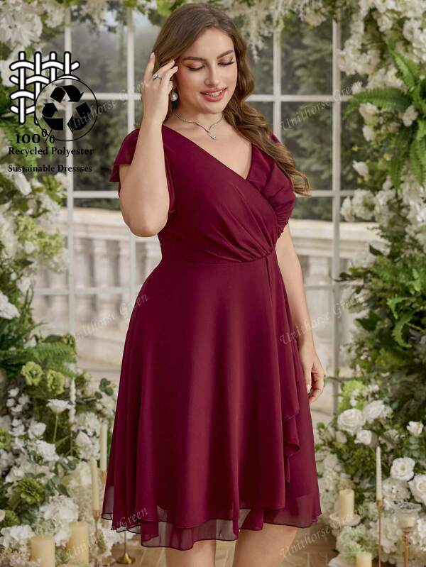 UNITHORSE UNITHORSE Große Größen Stoff Herz-Kragen Glockenärmel tailliert rüschenbesetztes Kleid schlank elegantes einfaches Kleid Abendkleid, Brautjungfernkleid