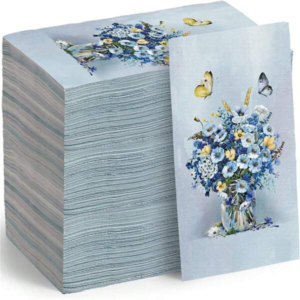 20 stuks blauwe bloemen servetten voor gasten, wegwerp papieren handdoeken, vlinders, bloemen, diner, decoratieve cocktailservetten voor badkamer, bruiloft, bruidsdouche, verjaardag, theekransje, decoratie