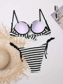 2pcs/Set Sexy Striped Fabric Lace-Up Bikini, Women's Two-Piece Swimsuit For Beach & Pool - Black and White - View 3