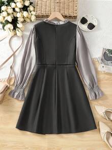 Grey 2 In 1 Dress, New Spring 2025 Collection, Long Sleeve Spliced Waist V-Neck Style, Work Appropriate - Dark Grey - View 2