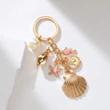 1 pièce Porte-clés style océan doré, pendentif de breloque coquillage, étoile de mer, hippocampe, fausse perle. Accessoire de voiture, de sac, breloque scolaire, fausse perle, gothique mignon Y2K