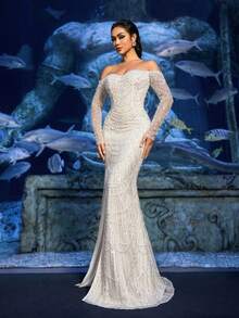 Faeriesty Đầm dạ hội trễ vai đính cườm sang trọng với đường xẻ tà đuôi cá và tay áo voan mỏng - Thiết kế đính sequin tinh tế dành cho đám cưới, sự kiện thảm đỏ, tiệc trang trọng và các buổi hợp tác với thương hiệu cao cấp, thanh lịch, thích hợp cho kỳ nghỉ xuân. - trắng - Xem 7