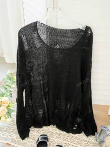 Women's Grey Asymmetrical Shoulder Cutout Design Pullover Sweater, Streetwear Style, Autumn/Winter
