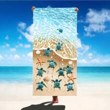 1 Oversized Striped Beach Towel With Blue Sea Turtle And Starfish Design, Bohemian Style Beach Blanket In Soft And Quick Dry Microfiber, Vibrant Striped Pattern Suitable For Travel, Yoga, Camping, Swimming - Perfect Bath Towel, Beach Towel, Camping Gear | Tropical Style | Polyester Blend Summer Travel, Vacation Holiday Bathroom Decor Beach Essentials