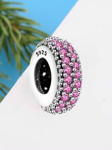 1pc Minimalist 925 Sterling Silver Zirconia Stone Round Spacer Bead, Unisex For Party And Daily Wear - Rose Red - View 2