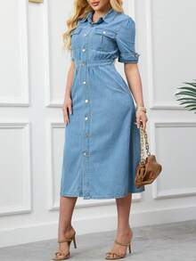 Ladies' Denim Skirt With Practical Pockets, Front Button Design, Casual Denim Skirt, Fashionable Daily Wear, Perfect For Summer And Spring. - 中等水洗藍 - 查看 4