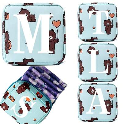 Túi đựng băng vệ sinh nữ in hình dễ thương, túi đựng băng vệ sinh, túi đựng tampon cho bé gái, hộp đựng mỹ phẩm, hộp đựng tiền xu có khóa kéo di động, túi du lịch hoàn hảo, vật dụng thiết yếu mang theo bên mình, họa tiết chữ cái đầu tên 26 chữ cái.