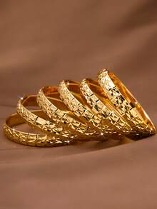 1/3/6 Pcs Sandy-Gold Exquisite Hand-Carved Bright Star Beautifully Plated 24k Gold 10mm Wide Bracelet Suitable For Women, Excluding Box - Gold - View 3