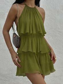 女士波西米亚风优雅分层荷叶边迷你连衣裙无袖挂脖式派对礼服圣帕特里克节爱尔兰主题鸡尾酒会特殊场合褶皱飘逸绿色节日服装 - 綠色 - 查看 5
