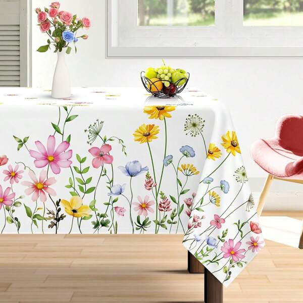 1pc Spring Square Waterproof Floral Decorative Tablecloth, Wrinkle & Stain Resistant Polyester Tablecloth For Dinner, Party, Picnic, Indoor & Outdoor