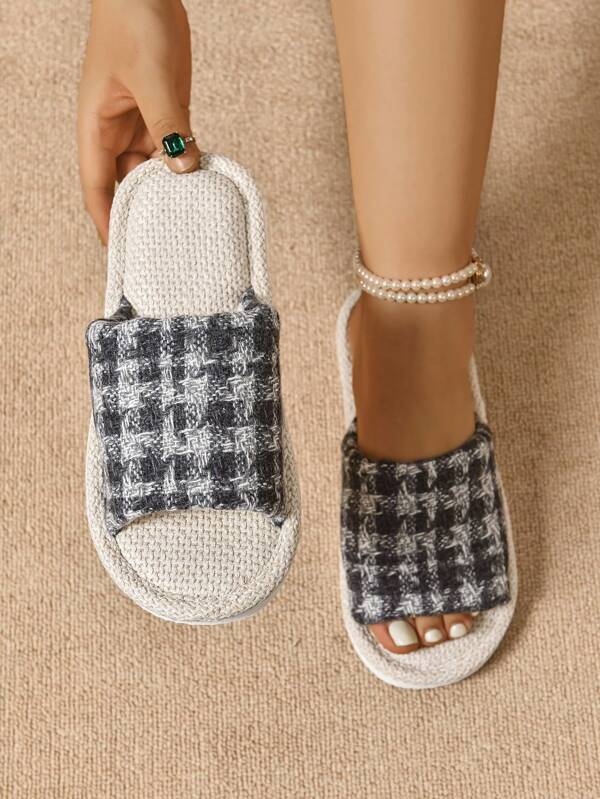 Women's Plaid Fleece Slippers, Warm Indoor Home Shoes, Comfortable Breathable Linen House Slippers For Women, All Season
