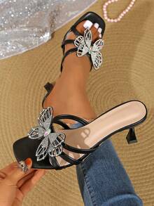 Women's Butterfly Decor Wine Glass Heel Dressy Sandal Slippers, Black Mid-Heel Summer Vacation Beach Casual Sandals - Black - View 2