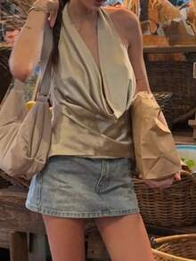 Camiseta de tirantes con cuello drapeado, escote profundo en V y espalda descubierta, de unicolor, para verano