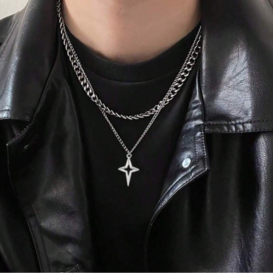 1 szt. Dwuwarstwowy naszyjnik w stylu hip-hopowym, elegancki łańcuszek z żelaza z wisiorkiem w kształcie gwiazdy, nieplaterowany modny dodatek dla mężczyzn i kobiet, prezent na Boże Narodzenie, Nowy Rok, Walentynki