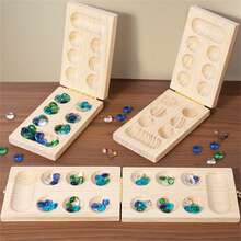 Mancala Board Game Set,Folding Wooden Board And MultiColored Glass Stones, Portable Travel Board Game Gemstone Chess,Wooden Puzzle Toy Ideal For Large Groups, Parties, Family Events