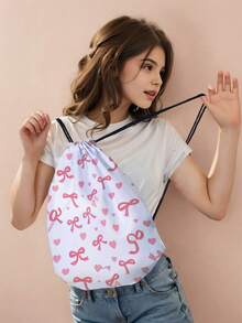 1 件带粉色蝴蝶结、心形、黑色蝴蝶结图案的抽绳背包，轻便健身包，适合运动、健身、旅行、游泳、海滩，适合男孩、女孩、女孩、男孩 - 彩色 - 查看 4