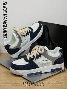 Men's Fashion Contrast Color Patchwork Random Printed Low-Top Skateboard Shoes, Romantic Campus Style Outdoor Walking Casual Sneakers