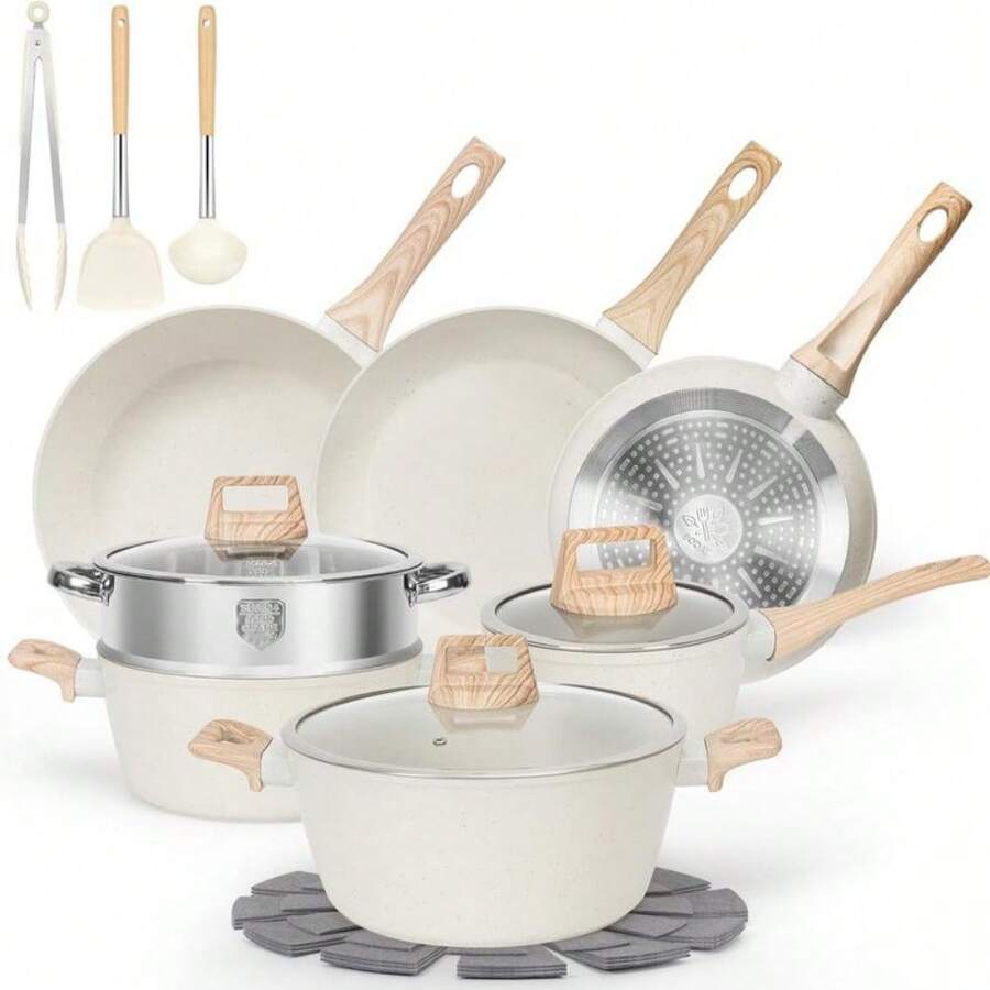 SODAY 12pcs Pots And Pans Set Non Stick Kitchen Cookware Sets Induction Cookware Nonstick Granite Cooking Set With Frying Pans, Saucepans, Steamer - 17pcs White/with 6.5QT Casserole & 4*Pan Protector - View 1
