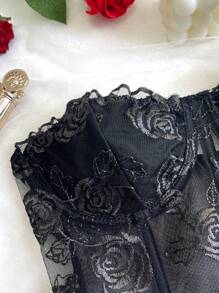 1pc Black Lace Rose & Mesh Padded Underwire Embroidered Floral Sheer Bodycon Bustier Top