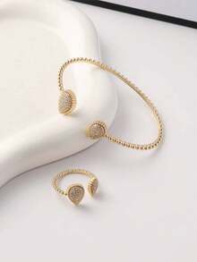 2pcs/Set Gold Plated Adjustable Teardrop Shaped Bracelet And Ring Set - one-size - View 1