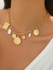 1 件时尚多吊坠项链，带金属合金饰物，包括圆形肖像、浮雕玫瑰、星星和月亮图腾，适合日常佩戴、海滩、派对、音乐节。项链长度可通过切割链条调整 - 圓形多吊墜 - 查看 2