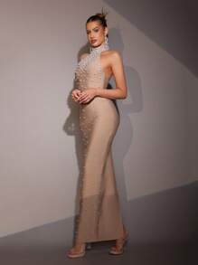 Modphy New Heavy Industry Pearl Bead Halter Neck Sleeveless Tight Sexy Long Bandage Dress Elegant Ladies Formal Dinner Dress Fashion Birthday Party Ladies Formal Dinner Carnival Easter Dress, Gown, For Evening, Wedding Guest