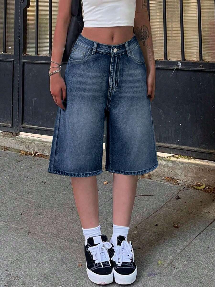 新款热销欧美街头时尚简约日常通勤休闲牛仔短裤女款夏季 - 深色水洗藍 - 查看 1