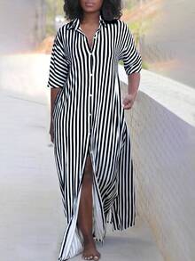 Plus Size Women Striped & Floral Print Shirt Dress Black Summer Elegant - Black - View 2