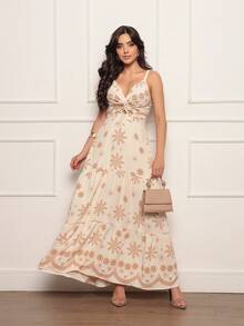 Women's Long Dress In Dune Fabric Print - Màu be - Xem 1