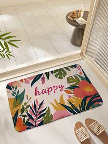 1pc Tropical Plant & Letter Pattern Doormat, Modern Minimalist Thick & Soft Indoor Entrance Mat, Absorbent, Non-Slip, Durable, Flexible For Bathroom, Living Room, Bedroom, Kitchen, Shower, Patio, Home Decor Bathroom Kitchen Decor Christmas Decor