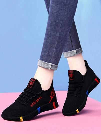 Casual impreso patrón de malla transpirable suave suela ligera Zapatillas de deporte para mujer, la moda de punta redonda pareja sandalias planas, adecuado para el uso diario, viajes, deportes