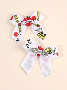 2 piezas Clips de lazo para el cabello para el regreso a la escuela para niñas, Clips de caimán con lazo lindo con regla, manzana, libros, pasadores de cinta grosgrán, pasadores de cabello para coletas de niña pequeña, regalo de uniforme para el primer día de clases y temporada de graduación, accesorios para el cabello de estudiantes en el aula.