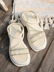 2025 Spring/Summer New Thick Sole Wedge Sandals Women, Classic Elastic Strap Roman Shoes Open Toe Fashion Beach Shoes Ladies Rhinestone Rivets Platform Flip Flops - Beige - View 5