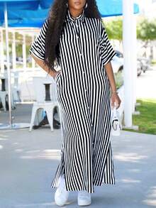 Plus Size Women Striped & Floral Print Shirt Dress Black Summer Elegant - Black - View 6