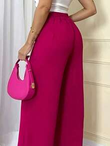 Women's Wide Leg Pants With Zipper And Button In Duna Fabric - 玫紅色 - 查看 2