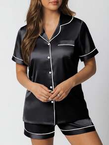 LILLUSORY Silk Satin Pajama Set Women 2 Piece Lounge Pjs Shorts Matching Summer Sleepwear Button Down Shirt Shorts Halloween - 黑色 - 查看 7