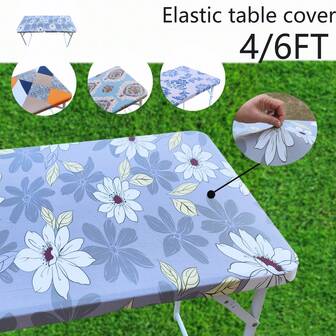1pc Rectangular Elastic Printed Tablecloth, 4ft/6ft Size Fits 6-Foot Folding Table, Extendable Patio Tablecloth, Universal Spandex Wedding/Party/Event Tablecloth, Washable