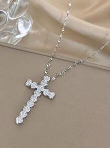 1Pc Elegant Luxe Cross Charms Heart Zirconia Necklace For Women Men Couples, Halloween Christmas Mom Gift Thanksgiving Wedding Jewelry Gift For Anniversary Valentine's Day Boho Jewelry Daily Party