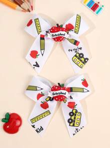 2 piezas Clips de lazo para el cabello para el regreso a la escuela para niñas, Clips de caimán con lazo lindo con regla, manzana, libros, pasadores de cinta grosgrán, pasadores de cabello para coletas de niña pequeña, regalo de uniforme para el primer día de clases y temporada de graduación, accesorios para el cabello de estudiantes en el aula.