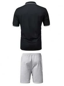 Set de cămașă polo și pantaloni scurți pentru bărbați, cu mânecă scurtă, în dungi, cu mâneci scurte, pentru vacanță la plajă, ținute sport casual, cu guler, buzunare, pantaloni cu șnur, golf, pescuit, baschet, cadou de sală pentru iubit, soț - Multicolor - Vizualizare 3